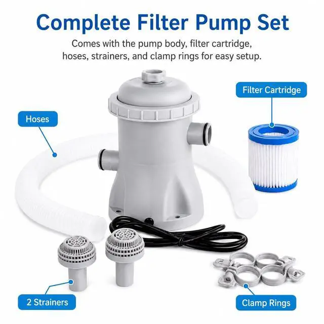 Alt view image 2 of 7 - 330 GPH Pool Filter Pump Above Ground, 16W Pool Filter Pump Complete Kit with Hose - Clear Water Circulation, Quiet Sealed ABS Design for Small to Medium Pools