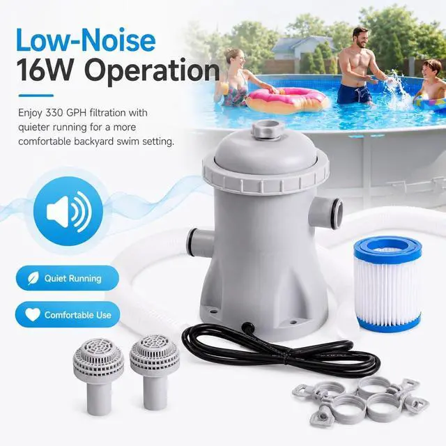 Alt view image 4 of 7 - 330 GPH Pool Filter Pump Above Ground, 16W Pool Filter Pump Complete Kit with Hose - Clear Water Circulation, Quiet Sealed ABS Design for Small to Medium Pools