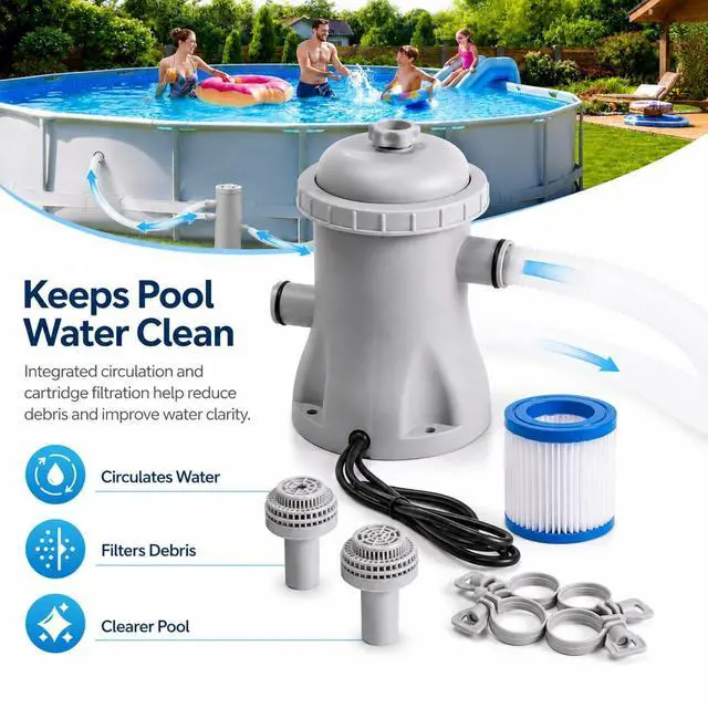Alt view image 5 of 7 - 330 GPH Pool Filter Pump Above Ground, 16W Pool Filter Pump Complete Kit with Hose - Clear Water Circulation, Quiet Sealed ABS Design for Small to Medium Pools