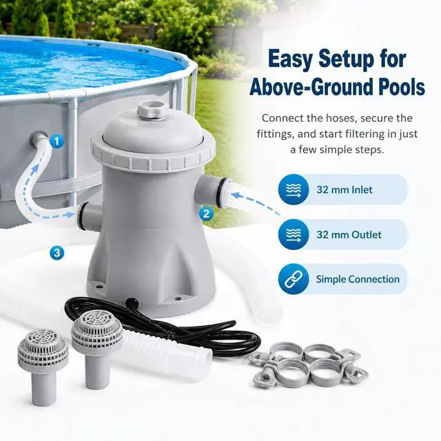 Alt view image 3 of 7 - 330 GPH Pool Filter Pump Above Ground, 16W Pool Filter Pump Complete Kit with Hose - Clear Water Circulation, Quiet Sealed ABS Design for Small to Medium Pools