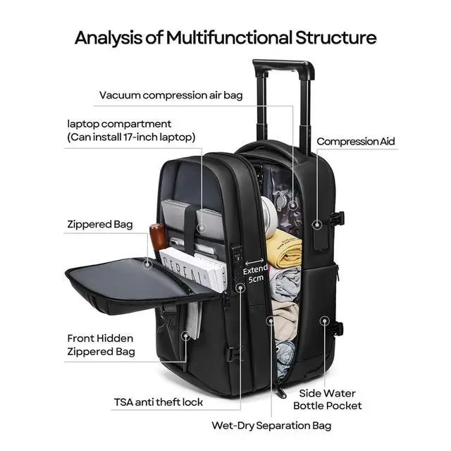 Alt view image 2 of 7 - Vacuum Rolling Backpack 25L 30L 60L Expandable Wheeled Backpack with Trolley Case Mode, Password Lock, USB Charging Port for Travel Business Trip