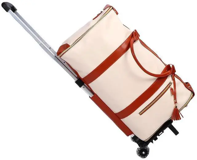 Alt view image 5 of 7 - Travel Duffel 40L | Detachable Handle Soft Leather Clothes Storage Bag for Men Women, Lightweight Foldable Weekend Carry On (Beige)