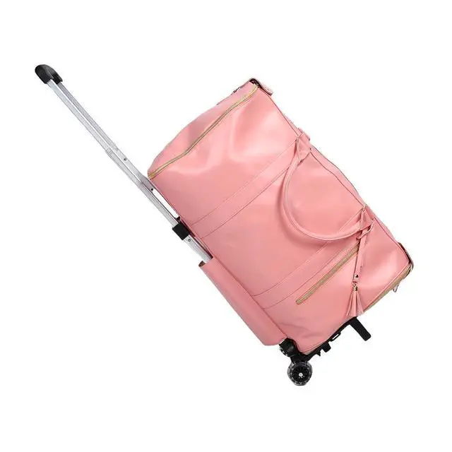 Alt view image 3 of 7 - Travel Duffel 40L | Detachable Handle Soft Leather Clothes Storage Bag for Men Women, Lightweight Foldable Weekend Carry On (Pink)