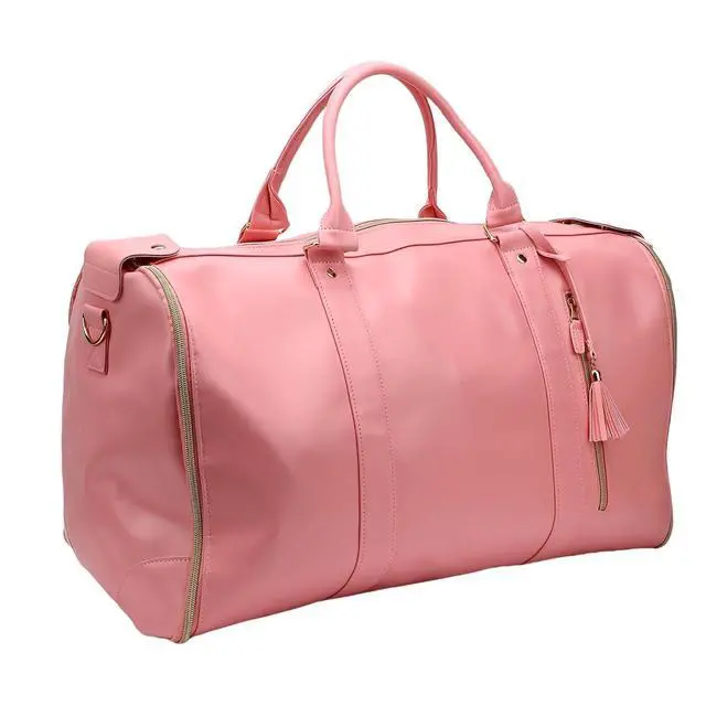 Alt view image 5 of 7 - Travel Duffel 40L | Detachable Handle Soft Leather Clothes Storage Bag for Men Women, Lightweight Foldable Weekend Carry On (Pink)