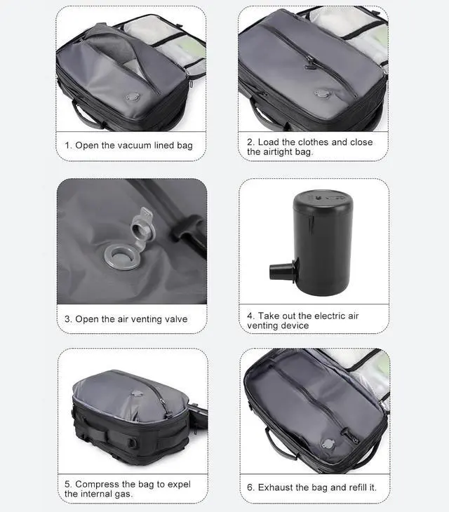 Alt view image 2 of 7 - Vacuum Travel Backpack with Pump, 12.6x18.1x6.3in, 36-55L Expandable Air Compression System, Laptop proof Water Work backpack, Casual Daypack.
