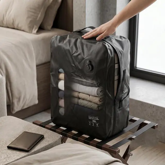 Alt view image 5 of 7 - 35L Travel Vacuum Bag | Reusable Compression Storage for Suitcase Luggage, Clothing Packing for Carry On (Grey)