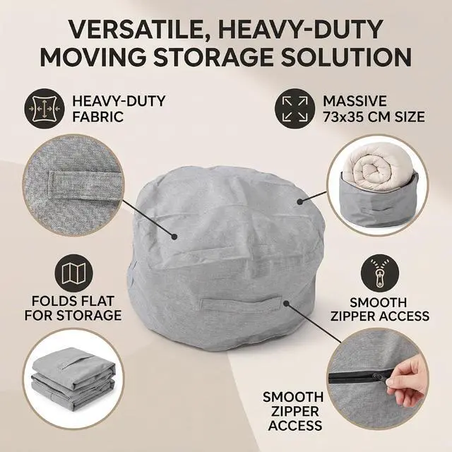 Alt view image 5 of 7 - Foldable Cylindrical Luggage Packing Bag | Heavy Duty Large Capacity Storage Bag for Moving Travel Camping Hiking Clothes Blanket (Light Gray)