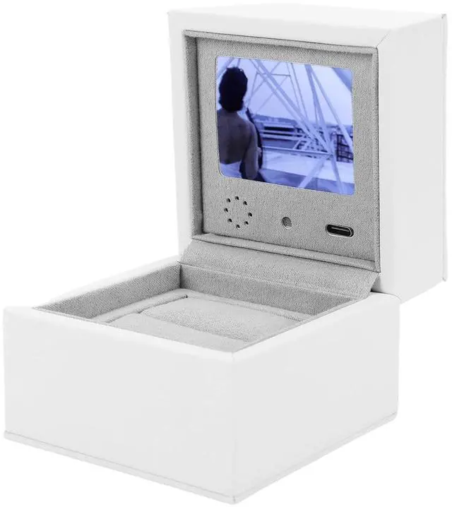 Main image of Video Display Case With LCD | High End PU Leather Smart Jewelry Box for Proposals, Weddings, Anniversaries, Personalized Text and Photo Display, 2.4 Inch Screen, White