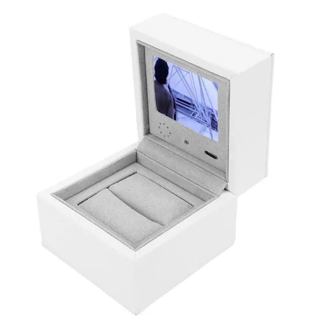 Alt view image 2 of 7 - Video Display Case With LCD | High End PU Leather Smart Jewelry Box for Proposals, Weddings, Anniversaries, Personalized Text and Photo Display, 2.4 Inch Screen, White