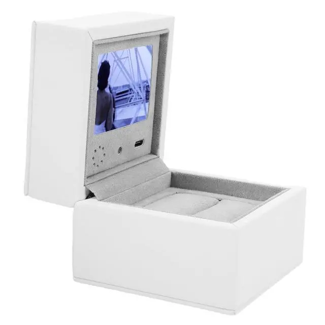 Alt view image 5 of 7 - Video Display Case With LCD | High End PU Leather Smart Jewelry Box for Proposals, Weddings, Anniversaries, Personalized Text and Photo Display, 2.4 Inch Screen, White