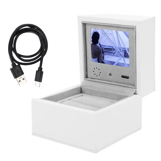 Alt view image 6 of 7 - Video Display Case With LCD | High End PU Leather Smart Jewelry Box for Proposals, Weddings, Anniversaries, Personalized Text and Photo Display, 2.4 Inch Screen, White