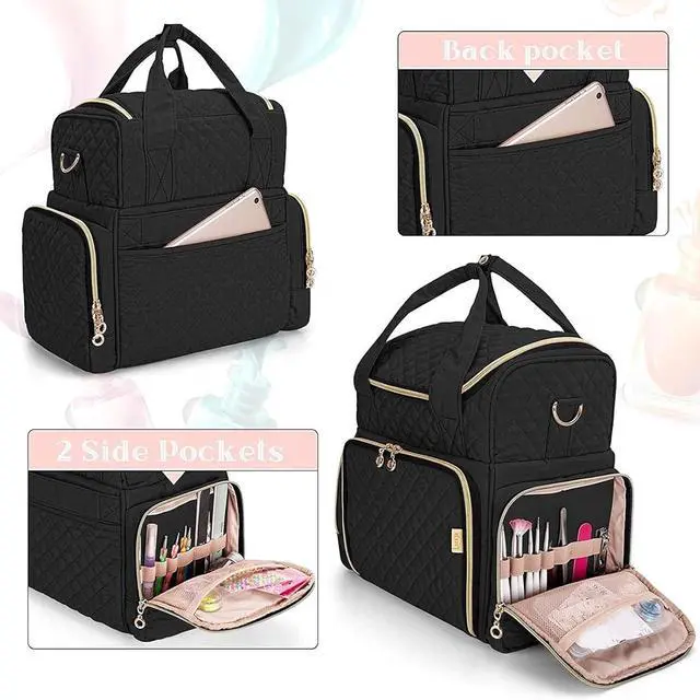 Alt view image 2 of 7 - Nail Polish Bag for Travel, Large Capacity Cosmetic Case with 2 Detachable Nail Polish Bags & Adjustable Shoulder Strap, Holds Dryer & Accessories