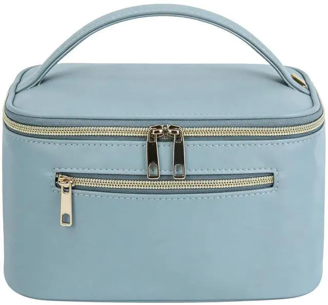 Main image of Dual Zips Makeup | Large Capacity Travel Bag With Brush Compartments For Cosmetics (Blue)