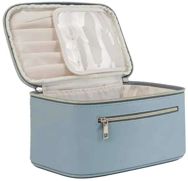 Alt view image 2 of 7 - Dual Zips Makeup | Large Capacity Travel Bag With Brush Compartments For Cosmetics (Blue)