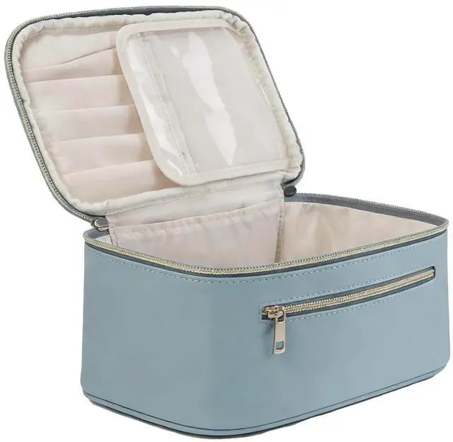 Alt view image 4 of 7 - Dual Zips Makeup | Large Capacity Travel Bag With Brush Compartments For Cosmetics (Blue)