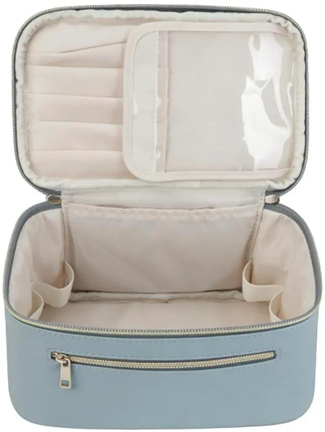 Alt view image 3 of 7 - Dual Zips Makeup | Large Capacity Travel Bag With Brush Compartments For Cosmetics (Blue)