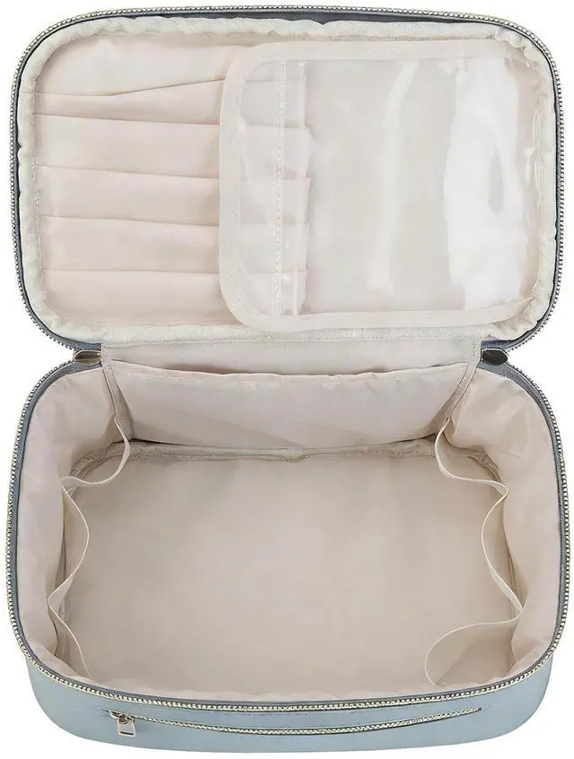 Alt view image 5 of 7 - Dual Zips Makeup | Large Capacity Travel Bag With Brush Compartments For Cosmetics (Blue)