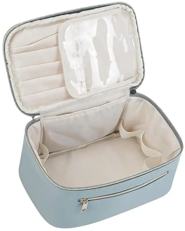 Alt view image 7 of 7 - Dual Zips Makeup | Large Capacity Travel Bag With Brush Compartments For Cosmetics (Blue)