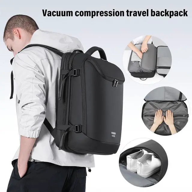 Alt view image 2 of 7 - Vacuum Backpack with Pump, 35 to 50L Expandable Rainproof Vacuum Compression Travel Backpack with USB Charging Port, Ergonomic Back Support, Trolley Strap