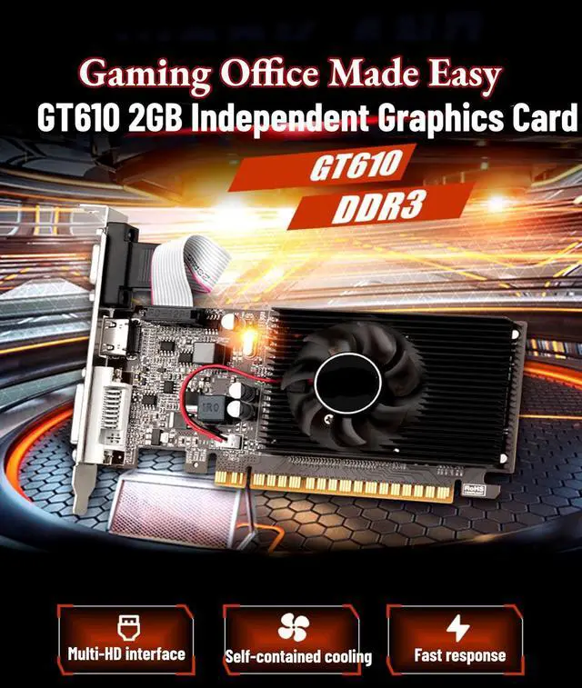 Alt view image 2 of 7 - GT610 Computer Graphics Card, 2GB DDR3 64bit PCI Express X16 Graphics Card with DVI, VGA, HDMI Interface for Computer Desktop