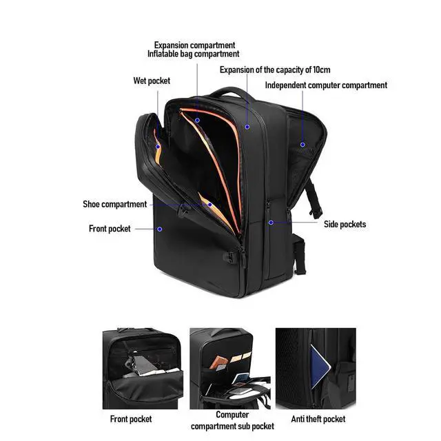 Alt view image 4 of 7 - Vacuum Laptop Storage Backpack, Air Pump Vacuum Seal Compression Space Saver Bags, 40L Capacity, Extra Large Travel Backpacks, for Men & Women (Black).