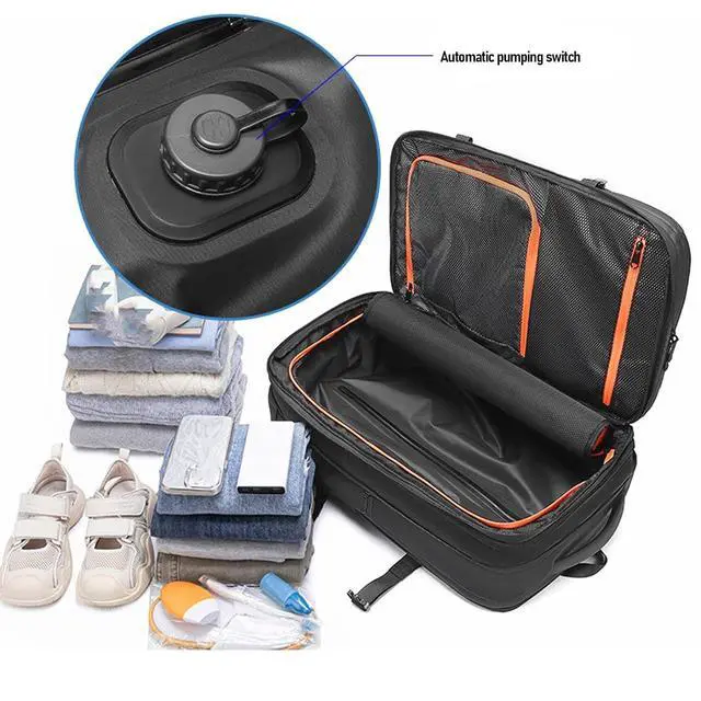 Alt view image 5 of 7 - Vacuum Laptop Storage Backpack, Air Pump Vacuum Seal Compression Space Saver Bags, 40L Capacity, Extra Large Travel Backpacks, for Men & Women (Black).