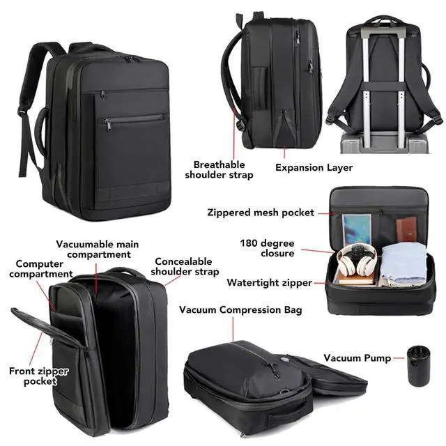 Alt view image 2 of 7 - Vacuum Backpack Travel with Pump, Large Capacity Backpack Expandable 36-55L, Travel Bag Vacuum Compression, Rain Proof 17.3 Inch Laptop Bag