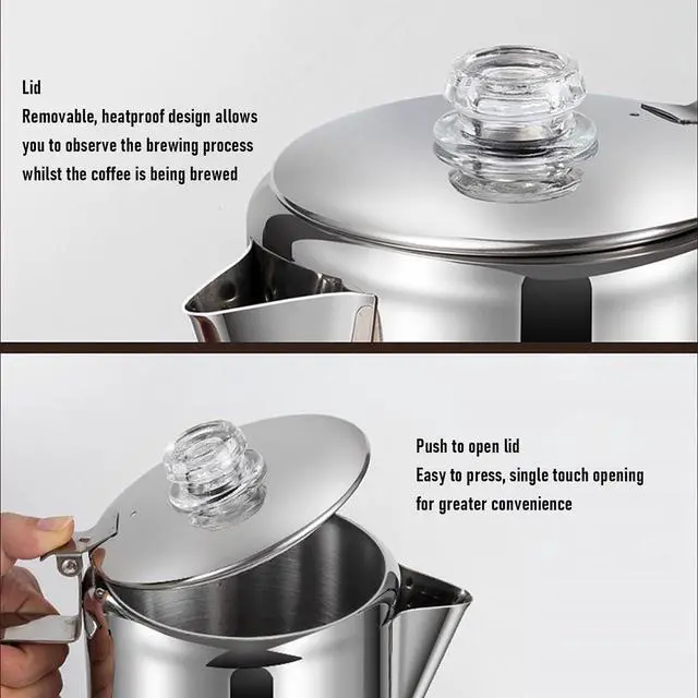 Alt view image 4 of 7 - Camping Percolator Coffee Pot, Stainless Steel Stove Top Coffee Maker with Removable Lid & Wood Handle,for Group Camping, Hiking, Backpacking, RV and Travel (6 Cup)