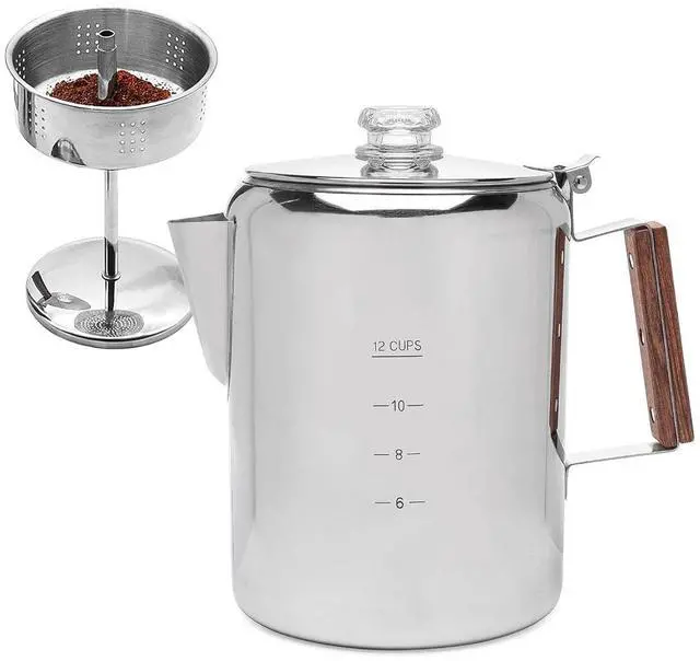Main image of Camping Percolator Coffee Pot, Stainless Steel Stove Top Coffee Maker with Removable Lid & Wood Handle,for Group Camping, Hiking, Backpacking, RV and Travel (12 Cup)
