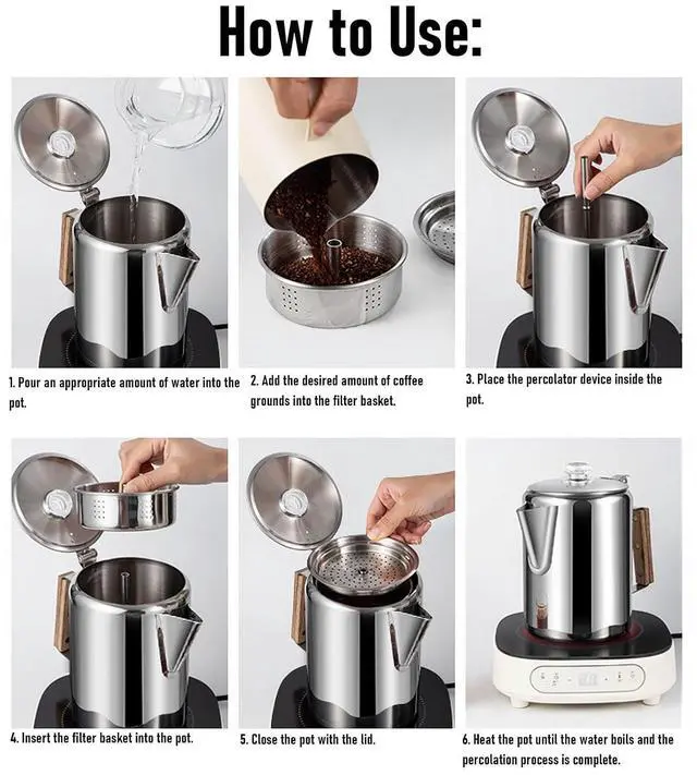 Alt view image 7 of 7 - Camping Percolator Coffee Pot, Stainless Steel Stove Top Coffee Maker with Removable Lid & Wood Handle,for Group Camping, Hiking, Backpacking, RV and Travel (12 Cup)