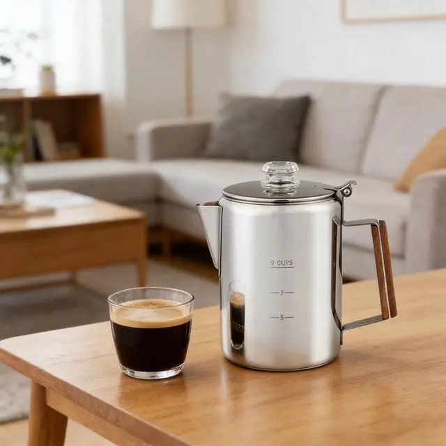 Alt view image 7 of 7 - Camping Percolator Coffee Pot, Stainless Steel Stove Top Coffee Maker with Removable Lid & Wood Handle,for Group Camping, Hiking, Backpacking, RV and Travel (9 Cup)