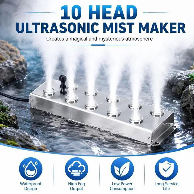 Alt view image 2 of 7 - Ultrasonic Mist Maker Fogger 10 Heads, 4.5L/H Water Atomizer with 1.5m Cable, Waterproof Pond Mister for Garden, Lawn, Greenhouse, Halloween Christmas Decoration and Landscape