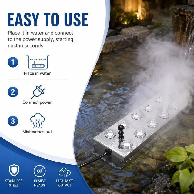 Alt view image 3 of 7 - Ultrasonic Mist Maker Fogger 10 Heads, 4.5L/H Water Atomizer with 1.5m Cable, Waterproof Pond Mister for Garden, Lawn, Greenhouse, Halloween Christmas Decoration and Landscape