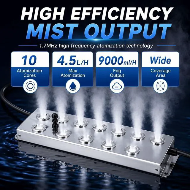 Alt view image 4 of 7 - Ultrasonic Mist Maker Fogger 10 Heads, 4.5L/H Water Atomizer with 1.5m Cable, Waterproof Pond Mister for Garden, Lawn, Greenhouse, Halloween Christmas Decoration and Landscape