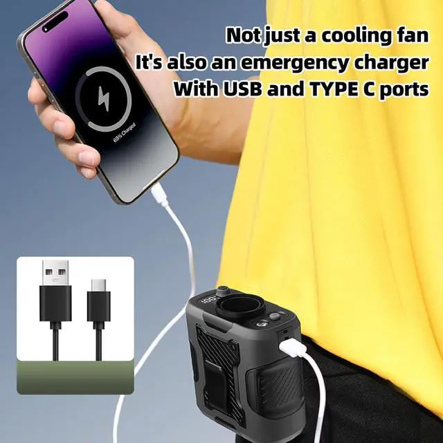Alt view image 4 of 7 - Waist Fan Clip On with LED Light 13500 RPM Waist Hanging Fan Stepless Adjustment 40H Cooling Rechargeable Foldable Stand Gray