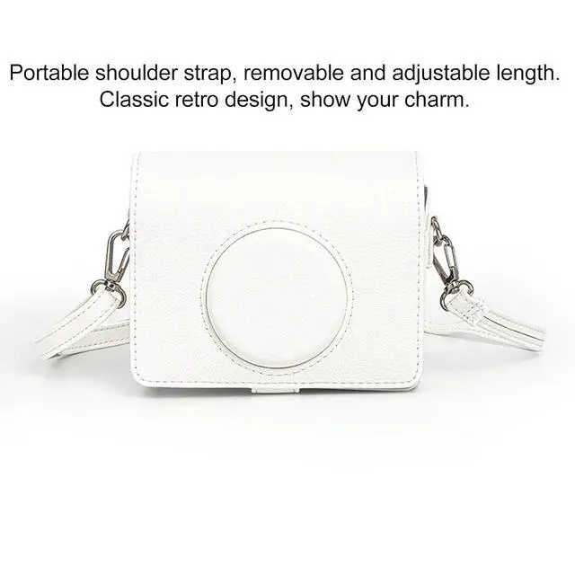 Alt view image 5 of 7 - Camera Case for Mini, Vintage Magnetic Flip Top PU Leather Protective Bag with Shoulder Strap, Scratch Proof Instant Camera Carrying Case (White)