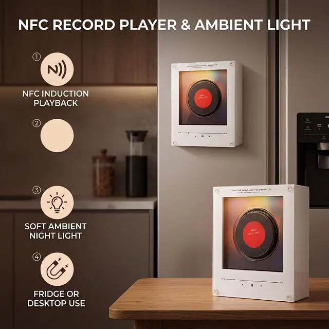Alt view image 2 of 7 - 256GB NFC Music Fridge Magnet Player with Records - Magnetic Mini Record Player with Light, Customizable Playlist Music Refrigerator Magnet for Desktop, Unique Musical Gift