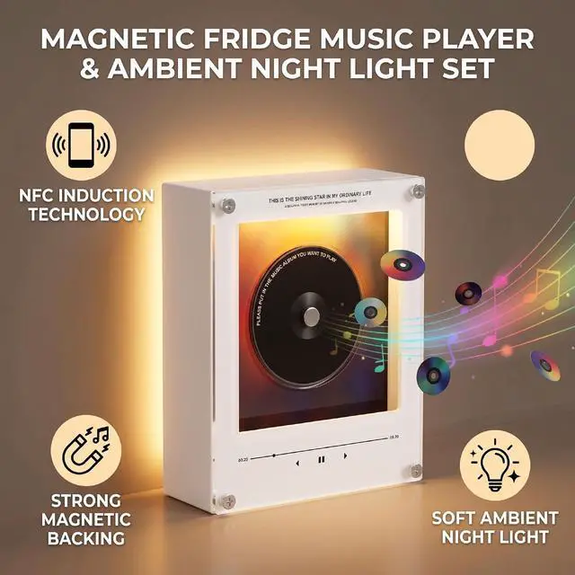 Alt view image 3 of 7 - 256GB NFC Music Fridge Magnet Player with Records - Magnetic Mini Record Player with Light, Customizable Playlist Music Refrigerator Magnet for Desktop, Unique Musical Gift