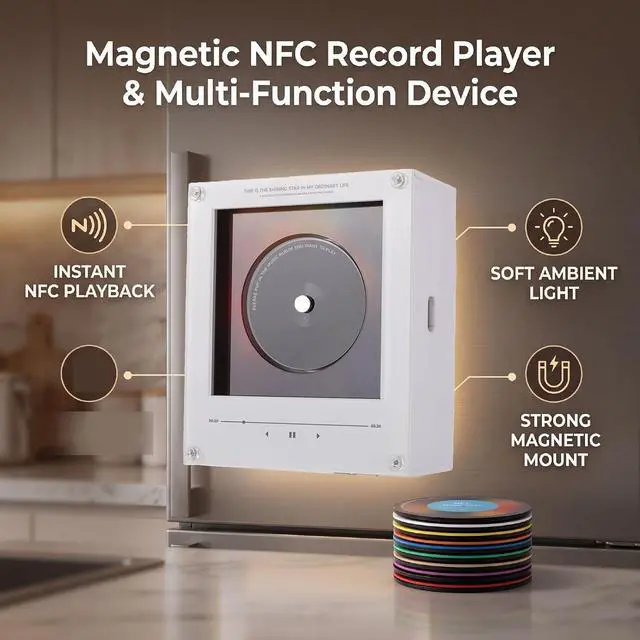 Alt view image 4 of 7 - 256GB NFC Music Fridge Magnet Player with Records - Magnetic Mini Record Player with Light, Customizable Playlist Music Refrigerator Magnet for Desktop, Unique Musical Gift