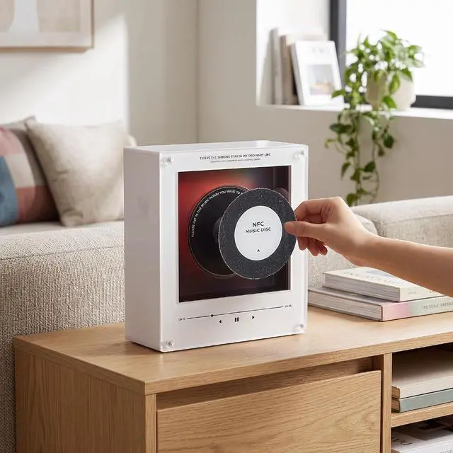 Alt view image 6 of 7 - 256GB NFC Music Fridge Magnet Player with Records - Magnetic Mini Record Player with Light, Customizable Playlist Music Refrigerator Magnet for Desktop, Unique Musical Gift