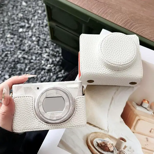 Alt view image 7 of 7 - Camera Protective Case for ZV-, Retro Leather Camera Bag with Hand Grip & Tripod Mount, Bottom Access & Shoulder Strap (White)