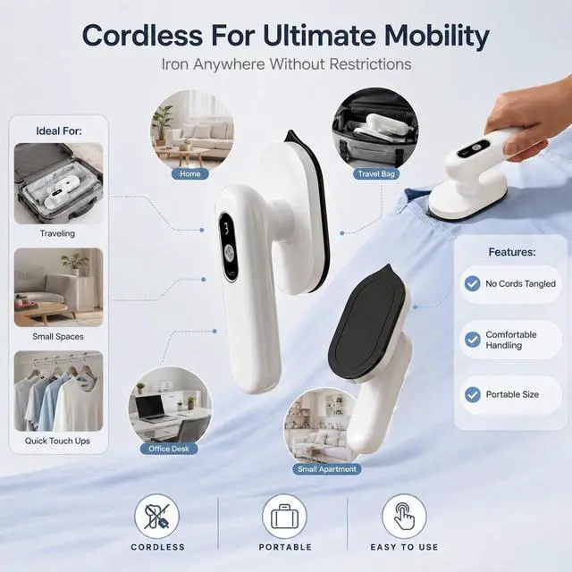 Alt view image 2 of 7 - Cordless Travel Iron Portable Mini Iron, Foldable Rechargeable Dry Iron with 3 Temperature Settings 150°C Fast Heat Up for Clothes, Trips, Dorms and Small Spaces White