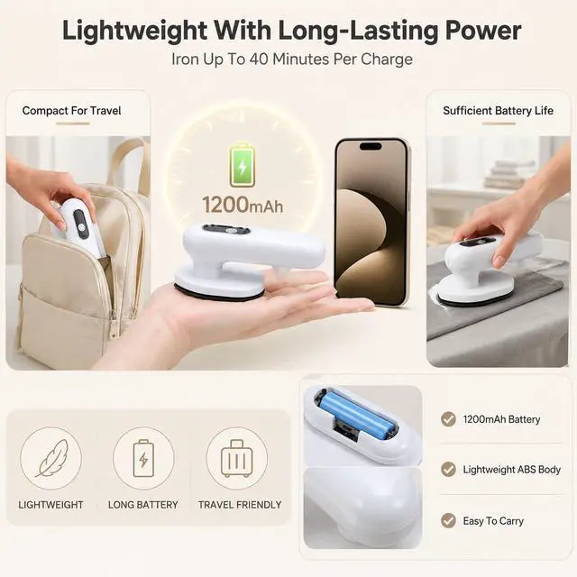 Alt view image 4 of 7 - Cordless Travel Iron Portable Mini Iron, Foldable Rechargeable Dry Iron with 3 Temperature Settings 150°C Fast Heat Up for Clothes, Trips, Dorms and Small Spaces White