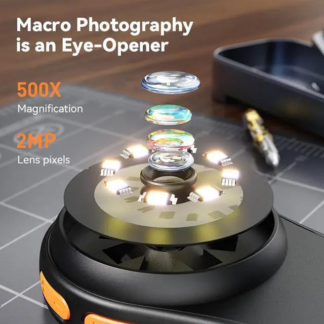 Alt view image 5 of 7 - Handheld Digital Microscope 500X Magnification - 2MP Portable Magnifying Glass with 2.0 Inch Screen & Built in 8 LEDs, Compatible with OS, Science Kits
