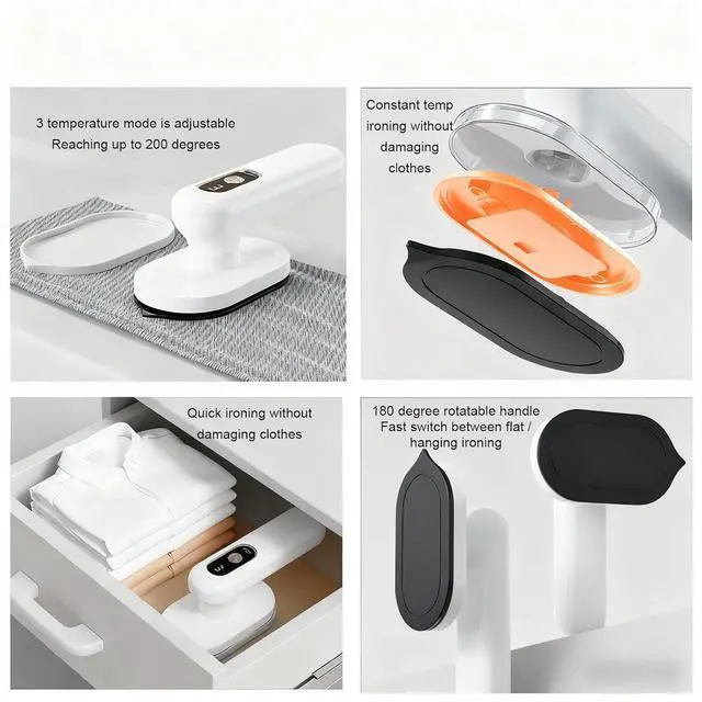 Alt view image 7 of 7 - Cordless Travel Iron Portable Mini Iron, Foldable Rechargeable Dry Iron with 3 Temperature Settings 150°C Fast Heat Up for Clothes, Trips, Dorms and Small Spaces White