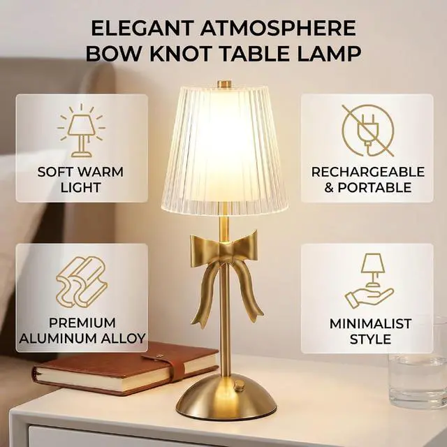 Alt view image 2 of 7 - Rechargeable Bow Knot Table Lamp | Vintage Nightstand Light with Soft Warm EyeProtecting Glow for Bedroom Living Room Decor