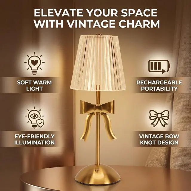 Alt view image 3 of 7 - Rechargeable Bow Knot Table Lamp | Vintage Nightstand Light with Soft Warm EyeProtecting Glow for Bedroom Living Room Decor