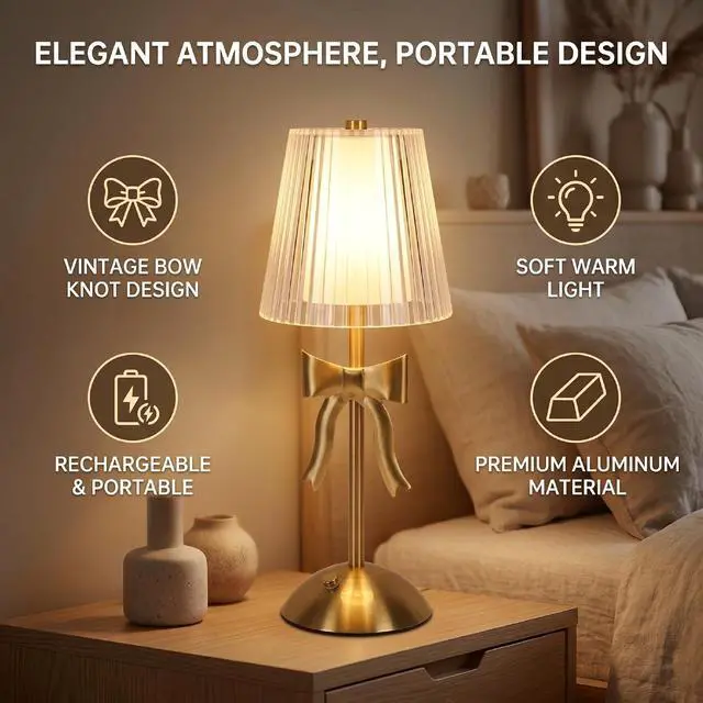 Alt view image 4 of 7 - Rechargeable Bow Knot Table Lamp | Vintage Nightstand Light with Soft Warm EyeProtecting Glow for Bedroom Living Room Decor