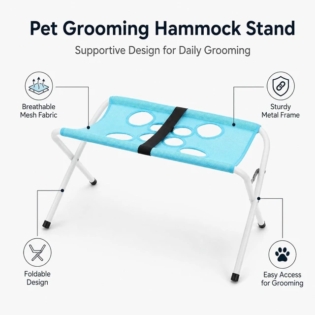 Alt view image 2 of 7 - Pet Grooming Hammock Hanging Harness | Breathable Mesh Sling for Cat Nail Clipping and Dog Bathing with Metal Frame, Secure Restraint for Small Pets, Portable Folding Grooming Aid