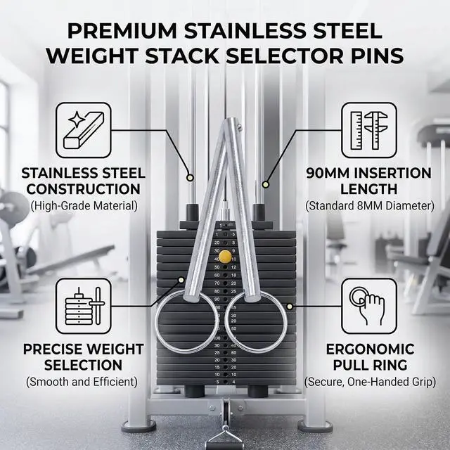 Alt view image 6 of 7 - Weight Stack Pin Stainless Steel 2Pcs | 8mm 90mm Stroke Replacement for Gym Selector Pin with Grip Universal Fit